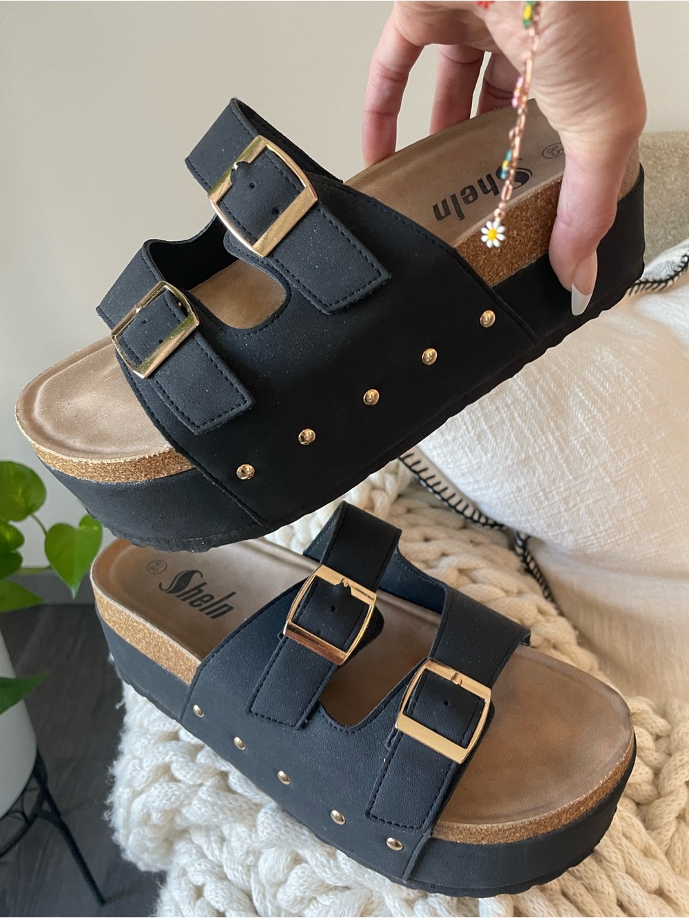 SHEIN Black Platform Sandals with Gold Buckles & Studs